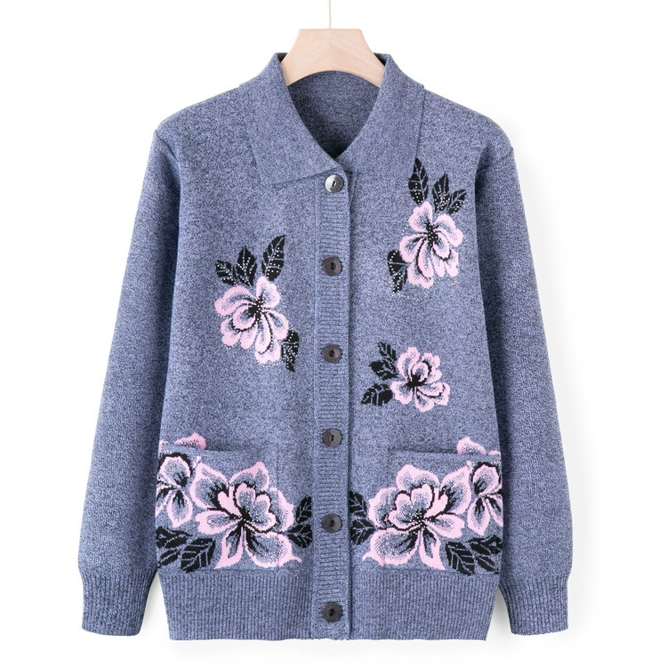 Популярный вязаный кардиган для женщин среднего и старшего возраста на осень-зиму 2025 года, утепленный флисом и утолщенный свитер в стиле «бабушки».