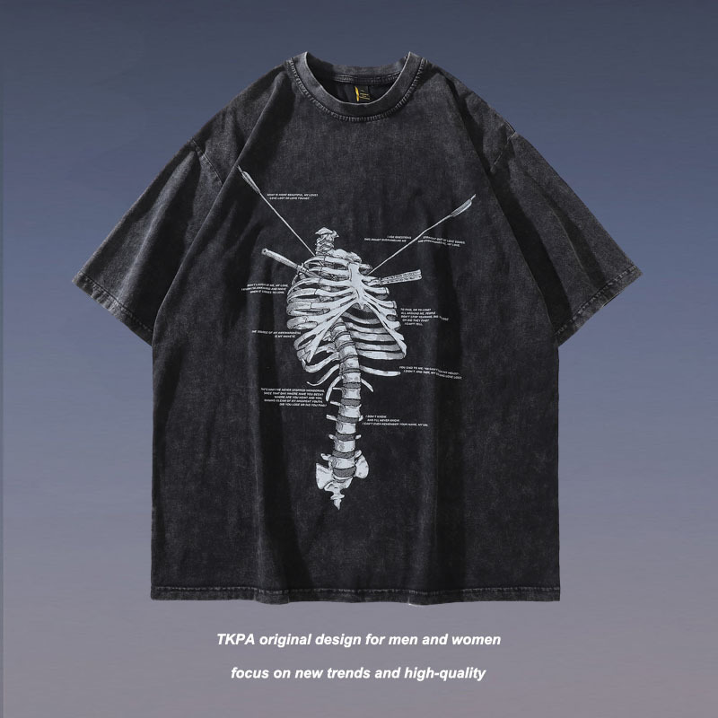 Tkpa2026 Summer New Style Washed and Distressed Skeleton Bone Print Loose High Street Trendy Brand Short-Sleeved T-Shirt for Men and Women