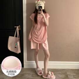 睡衣女夏季纯棉带胸垫简约带胸垫26新款可外穿粉条纹套装家居服