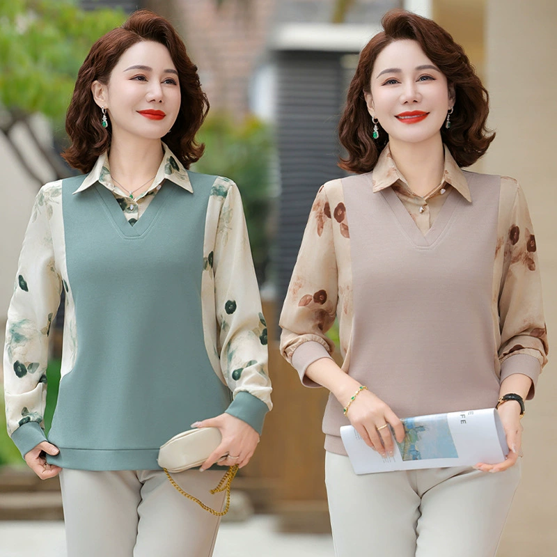 Весенняя футболка для мамы, новый стиль, женские весенне-осенние топы среднего возраста, модные модные рубашки с длинными рукавами для женщин среднего и пожилого возраста.