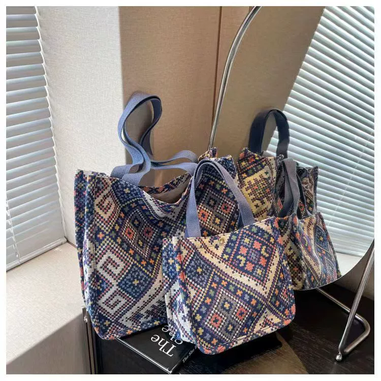 Capacious ethnic one-shoulder bag for students - woven geometric pattern, adjustable strap, blue