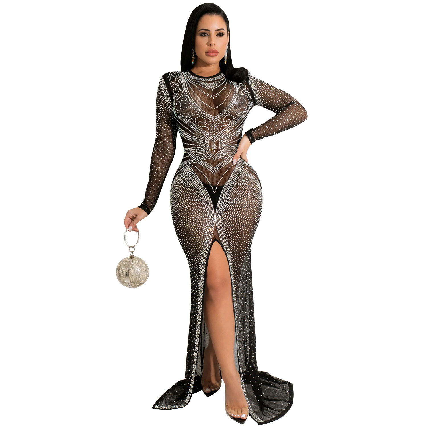 X5595 AliExpress moda europea y americana discoteca rhinestone caliente de las mujeres malla transparente manga larga split vestido mujeres