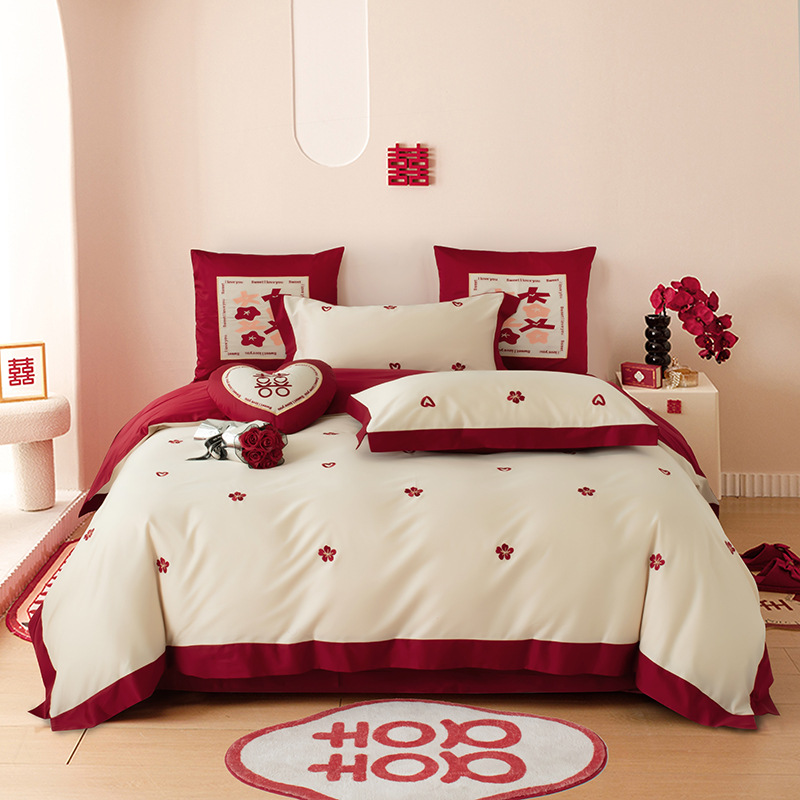 婚庆四件套全棉大红色床单被套纯棉刺绣陪嫁新婚结婚床上用品床笠|ms