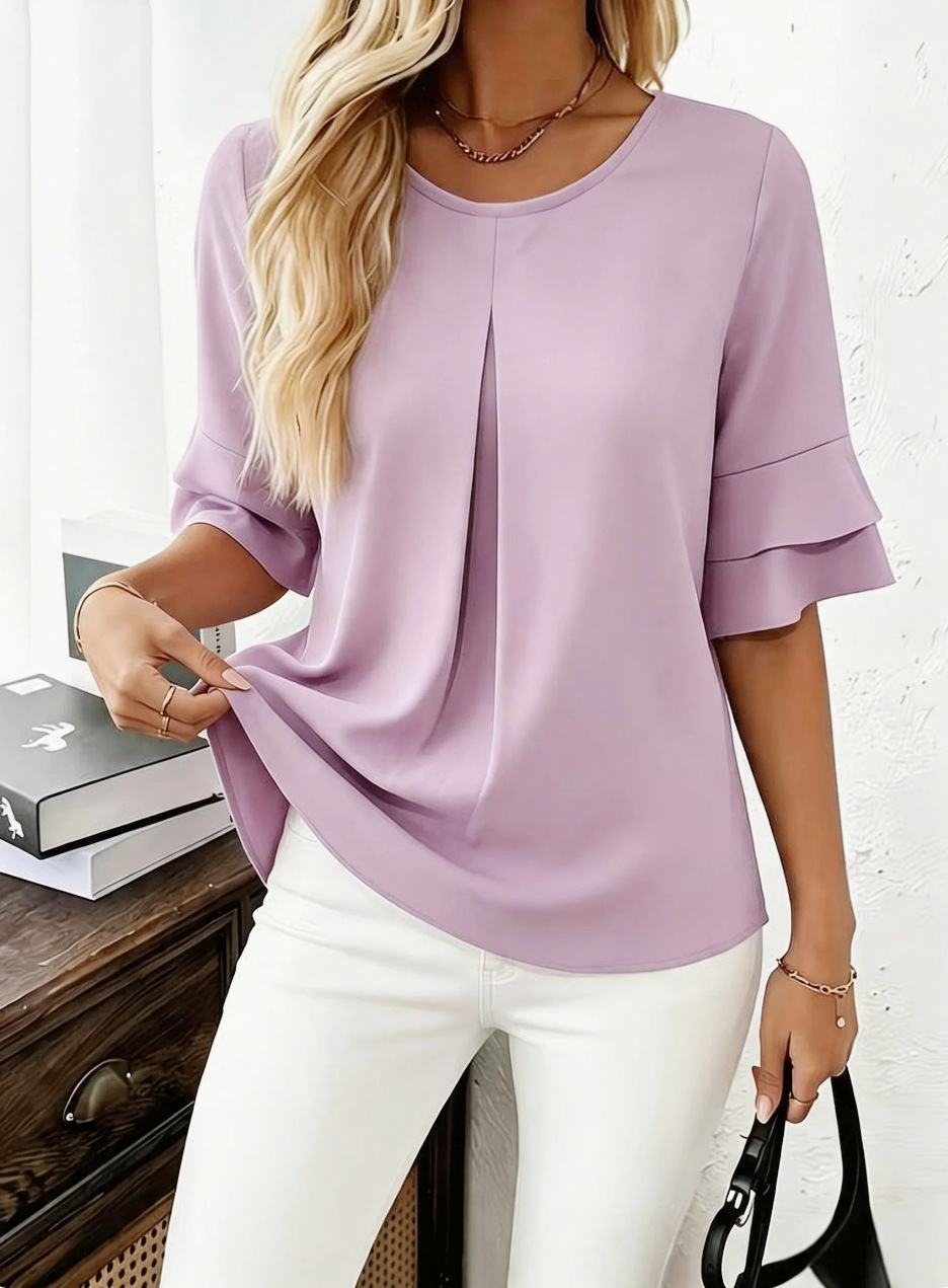 Women's Floral Ruffle Trim Relaxed Fit Blouse Short Sleeve Flowy Tunic Top for Summer_ecoleips.com