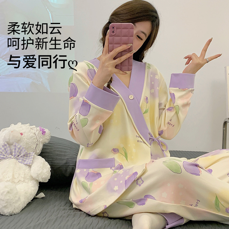 Yuezi 의류 봄과 가을 순면 산후 수유 외장 임산부 파자마 여름 얇은 클래스 A 모성 수유 세트