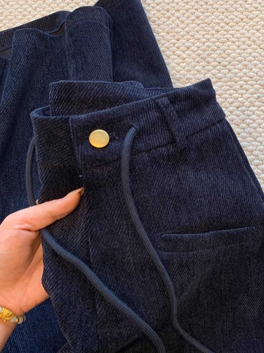 Autumn and Winter New Fleece-Lined Warm Petite Pear-Shaped Straight-Leg Pants for Women in Navy Blue High-Waisted Slimming Wide-Leg Pants