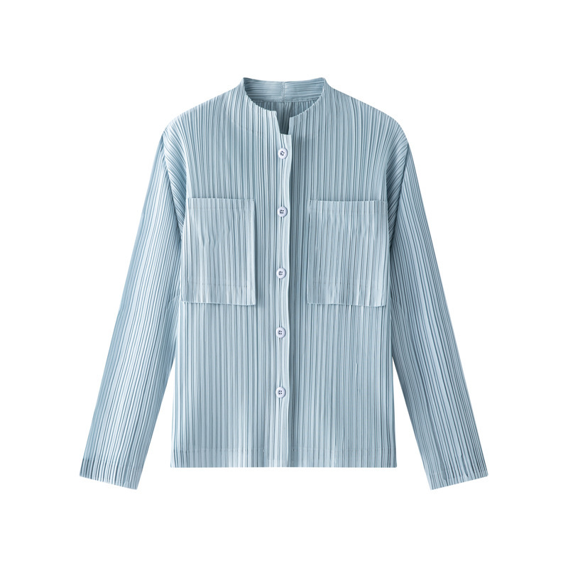 Miyake Fashion Pocket Design Solid Color Long-sleeved Pleated Shirt Elegant Commuter Single-breasted Top Women's Spring New