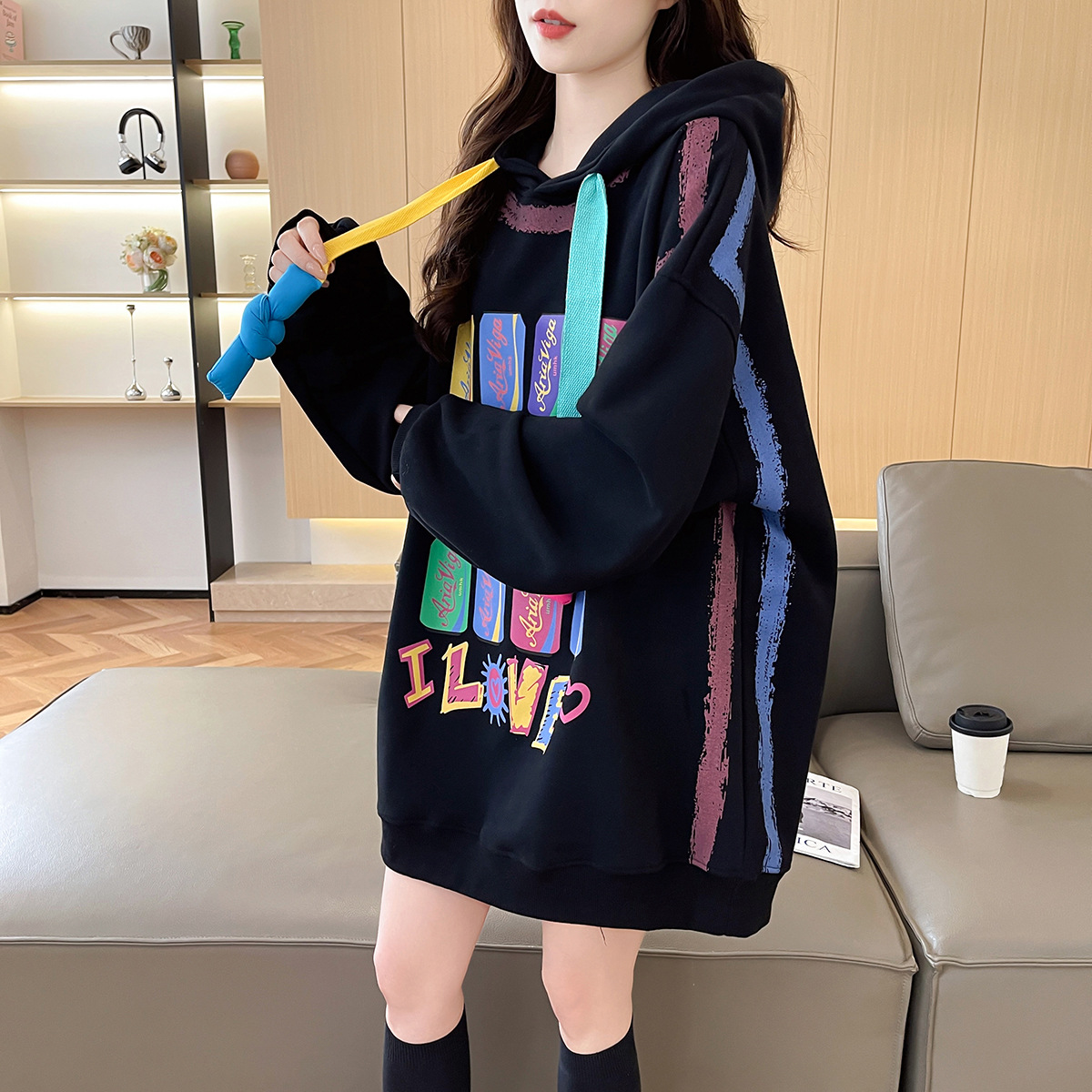 2025 Autumn and Winter Korean Style Women's Sweatshirt Printed Hoodie Mid-Length Tops Lazy Style Easiest for Match Top Women's Clothing