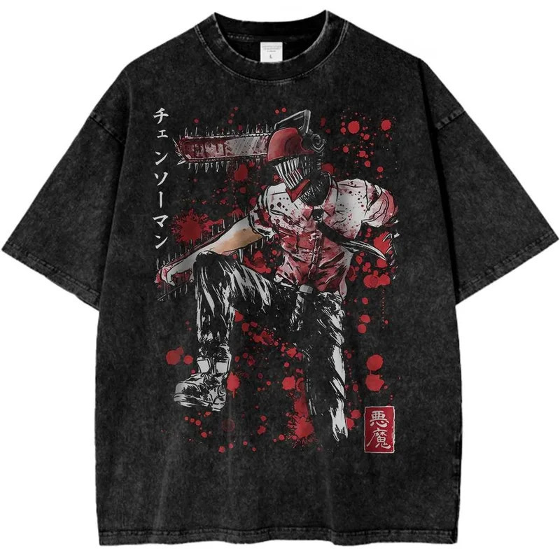 Cross-Border European Size Pure Cotton Retro Distressed 230g Men's Anime Chainsaw Man T-Shirt Chainsaw Casual Sports