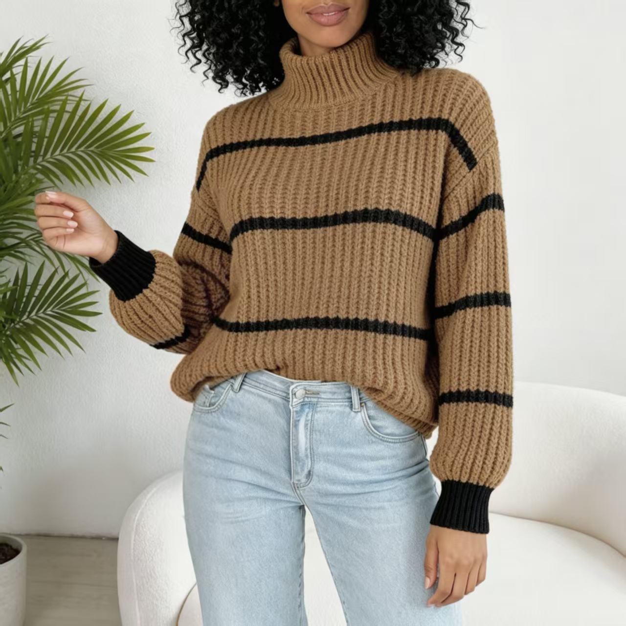Sweter Rajutan Baru 2024 Atasan Pullover Kerah Setengah Tinggi Pakaian Luar Wanita Gaya Eropa dan Amerika Mode Pemblokiran Warna Bergaris Amazon