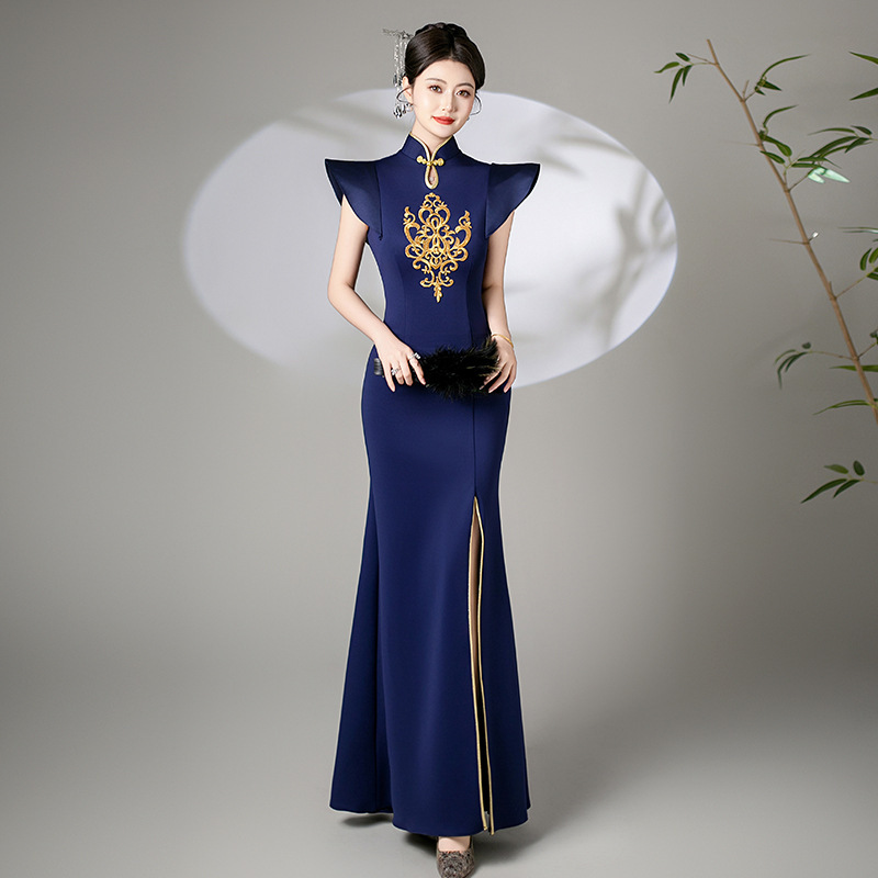 2025 Classy Evening Dress Retro Chinese Style Improved Cheongsam Skirt Fishtail Slit Long Catwalk Performance Clothing 2025 Classy Evening Dress Retro Chinese Style Improved Cheongsam Skirt Fishtail Slit Long Catwalk Performance Clothing
