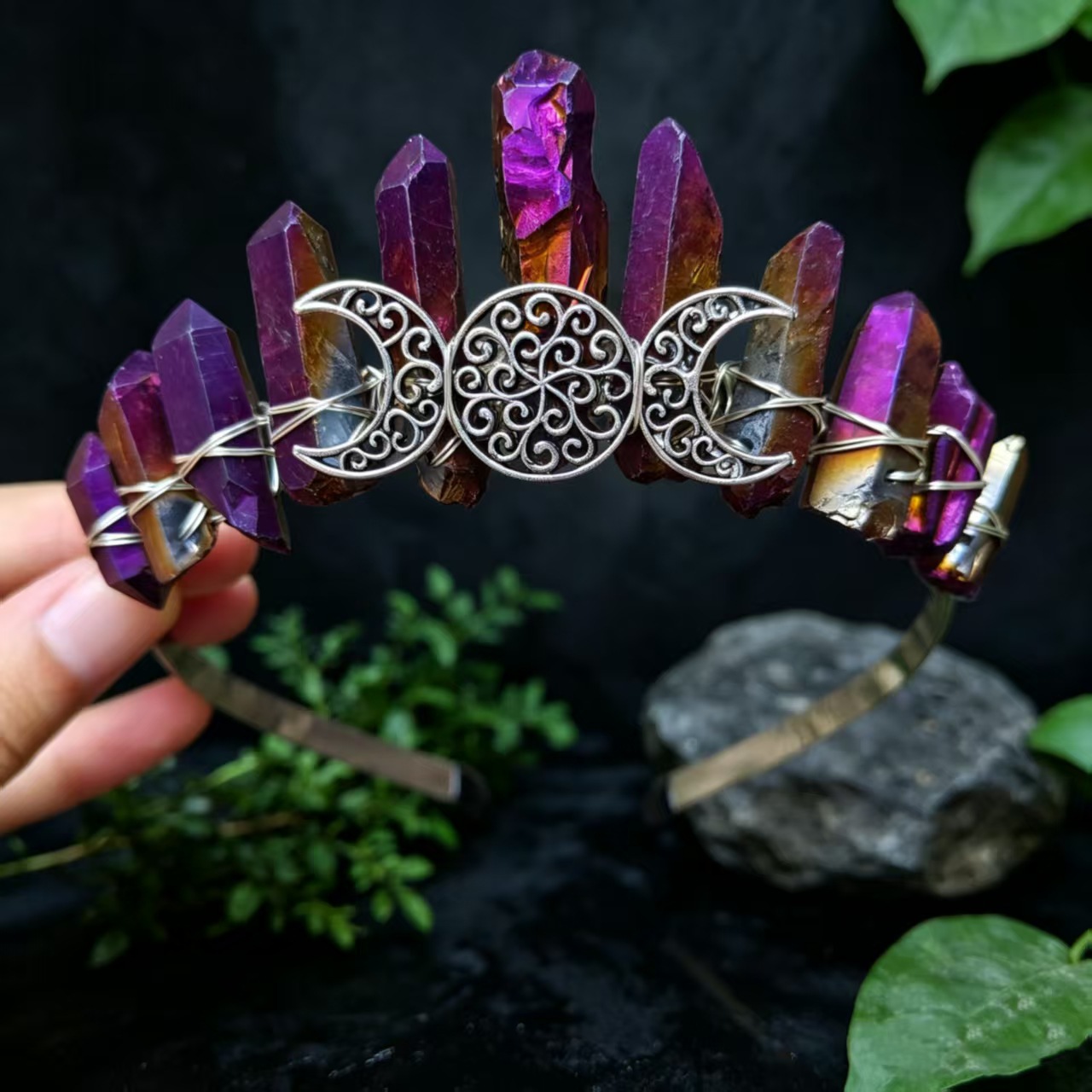 Diadema DE CORONA DE CRISTAL natural 11 hilo de plata diadema de plata hecha a mano enrollado europeo y americano accesorios para el cabello tocado estrella Luna Accesorios image 19