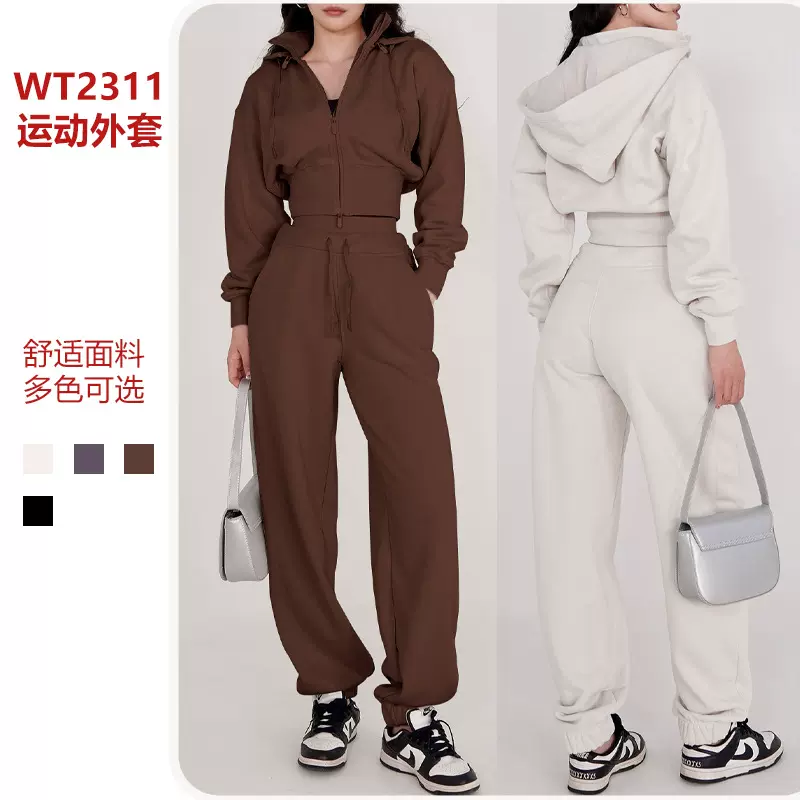 跨境修身健身户外跑步运动休闲套装女 连帽可拆卸立领夹瑜伽外套