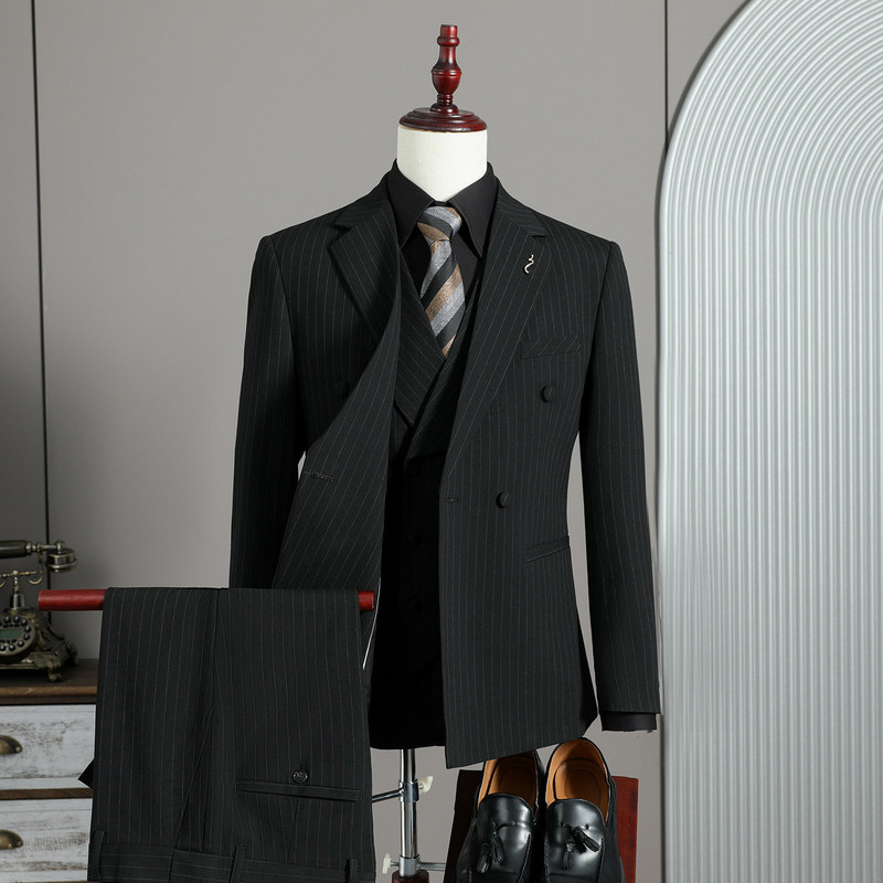 Double-Breasted Striped Suit Men's Set 2026 New Business Casual Trendy Slim-Fit Stylish Groom Wedding Suit Double-Breasted Striped Suit Men's Set 2026 New Business Casual Trendy Slim-Fit Stylish Groom Wedding Suit