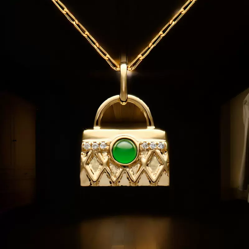 18K金包包吊坠翡翠镶嵌小众项链平安锁扣项坠饰品批发绿翡翠