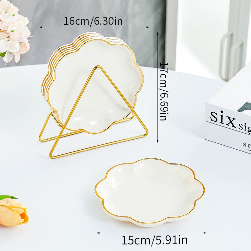 Чашка-филигрань из bone china с цветочным рисунком (Tuchi), тарелки-под snack-товары с золотым ободком, один набор или 4/6 шт с подставкой