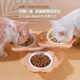 宠物喂食器双碗保护颈椎实木碗架狗碗猫食盆创意防打翻斜口碗架