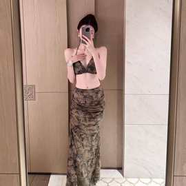 泰国三亚新款度假比基尼三件套蛇皮纹显瘦分体长裙泳衣女设计感