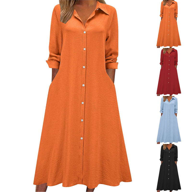 European and American Cross-Border Autumn New Women's Casual Loose Fashion Solid Color Turn-Down Collar Long-Sleeve Pocket Shirt Dress