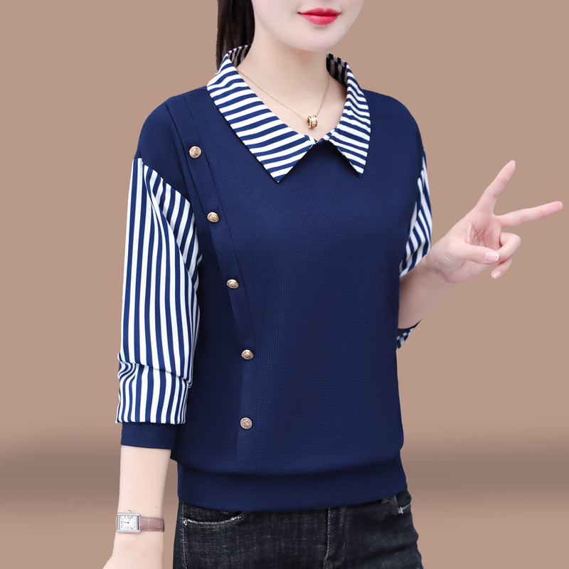 娃娃领女士卫衣女款2025新款春秋时尚洋气中年妈妈翻领假两件上衣|undefined