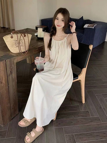 French suspender dress fairy summer sweet small fresh white dress seaside a-line loose sleeveless long dress