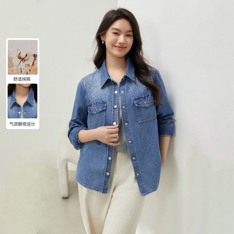 【Spring and Autumn Loose Retro Iron Diamond Pure Cotton Denim Shirt】Fiber Show Large Size Women's Fat mm2025 Spring New Style