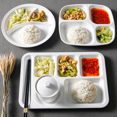 Melamine white multi-compartment tray plastic dinner plate imitation porcelain for school canteen use, four-grid and six-grid dinner plates for wholesale
