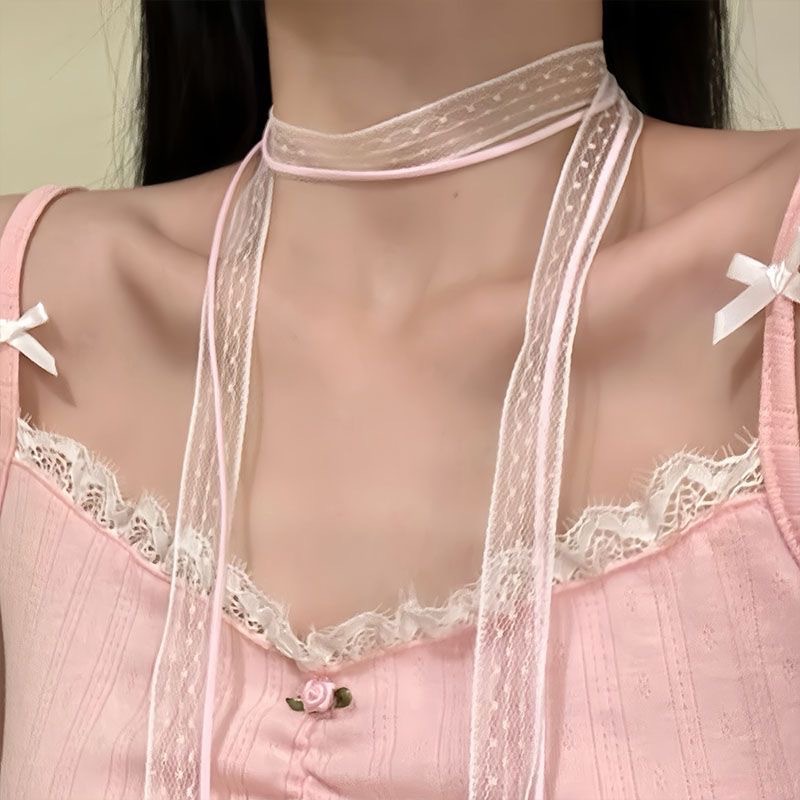Super Fairy Sweet Lace Stacked Stratified Ribbon Silk Scarf Necklace Korean Style Girl's Ribbon Multi-Functional Hair Band