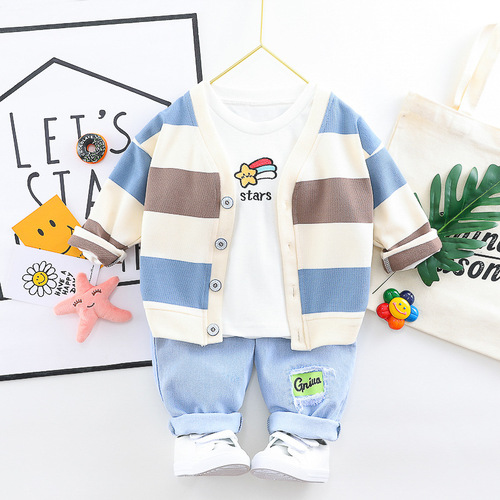 Children's clothing one piece goods delivery rice woolen boy suit rainbow button cardigan jeans children's spring clothing