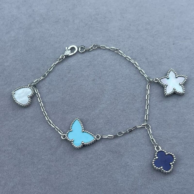 Fashionable Four-Flower Lucky Bracelet for Women, V Gold Exquisite Version with Butterfly, Star, Clover, and Heart Inlaid with Chalcedony
