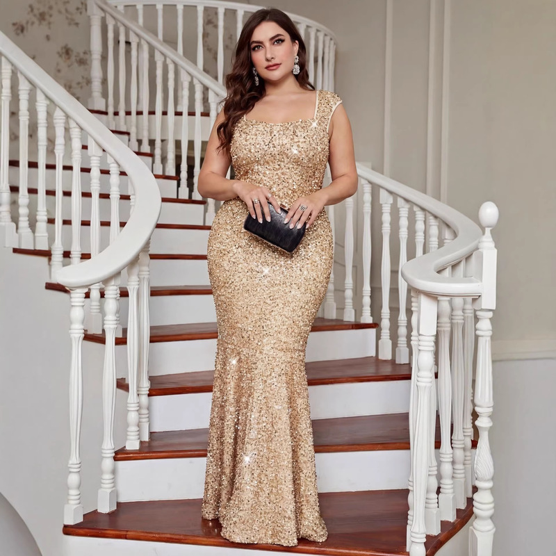 Cross-Border Evening Dress with Square Neckline, Small Sleeves, Figure-Flattering Fishtail Silhouette, Sequins, Plus-Size Bridesmaid Dress, Banquet Evening Gown Cross-Border Evening Dress with Square Neckline, Small Sleeves, Figure-Flattering Fishtail Silhouette, Sequins, Plus-Size Bridesmaid Dress, Banquet Evening Gown