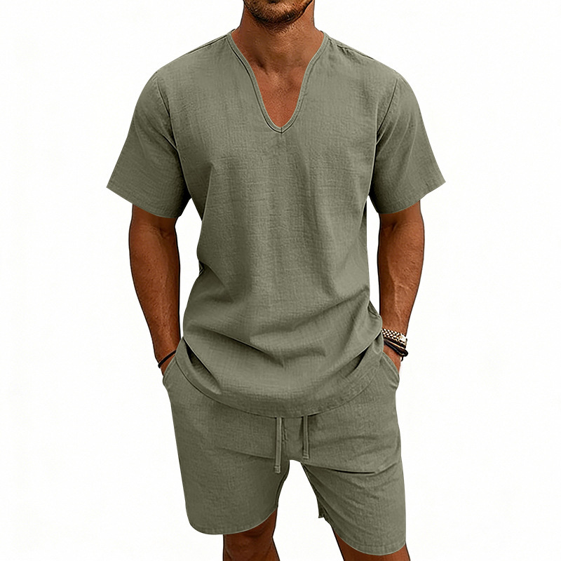 Leinenhemd und Shorts für Herren, atmungsaktives, lässig geschnittenes Urlaubsoutfit mit V-Ausschnitt für den Sommer_voghion.com