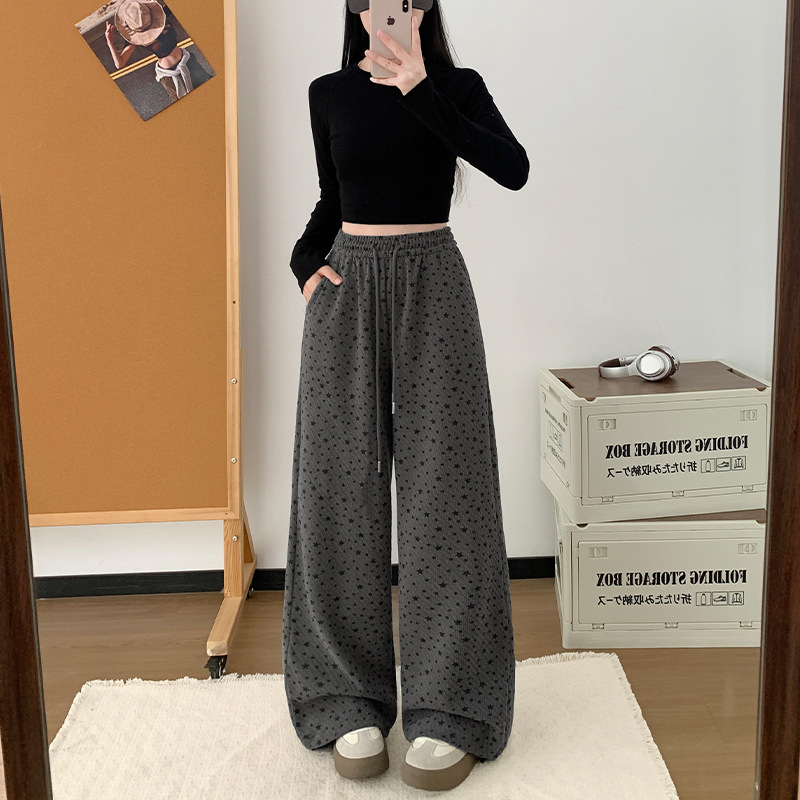 灰色五角星星阔腿裤女春夏高腰宽松慵懒风垂感显瘦休闲遛弯裤