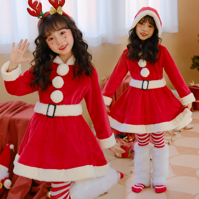 日本版クリスマス子供服ヘラジカワンピース赤いスカート幼稚園女の子サンタクロース長袖|undefined
