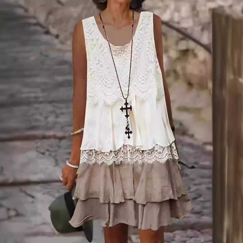 European and American Cross-Border 2024 Independent Station Amazon Women's Lace Splicing Sleeveless Dress Q332