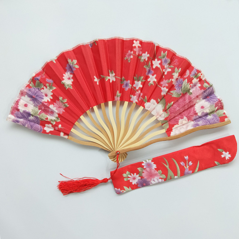 En Stock Transfrontalier Satin Dragon Fan Plus Fan Sac S Os Fan Cheongsam Performance Femelle Fan Rose Rouge display picture 2