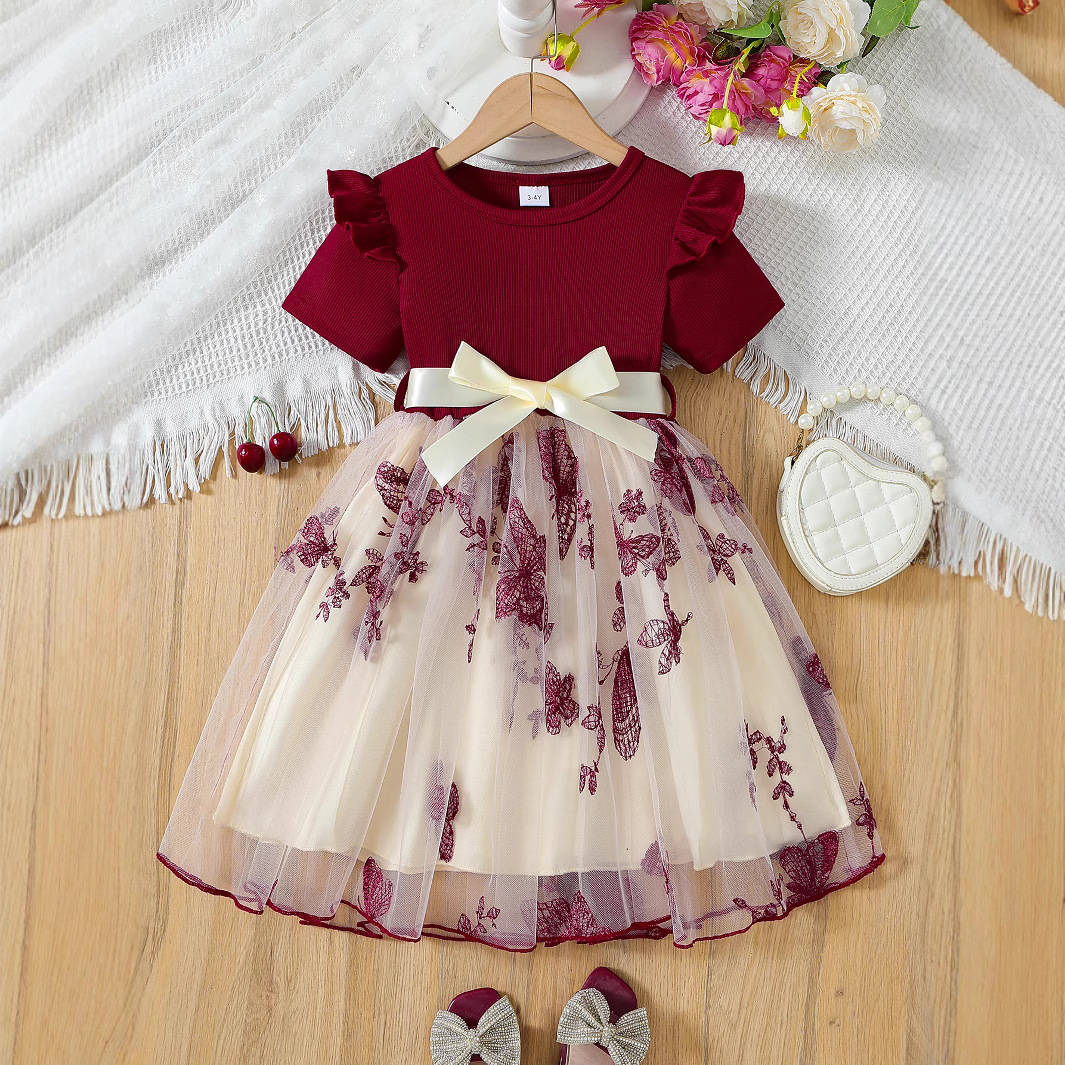 Cross-Border Amazon Children's Clothing Girls' Pit Strips Embroidered Flower Mesh Dress with Belt