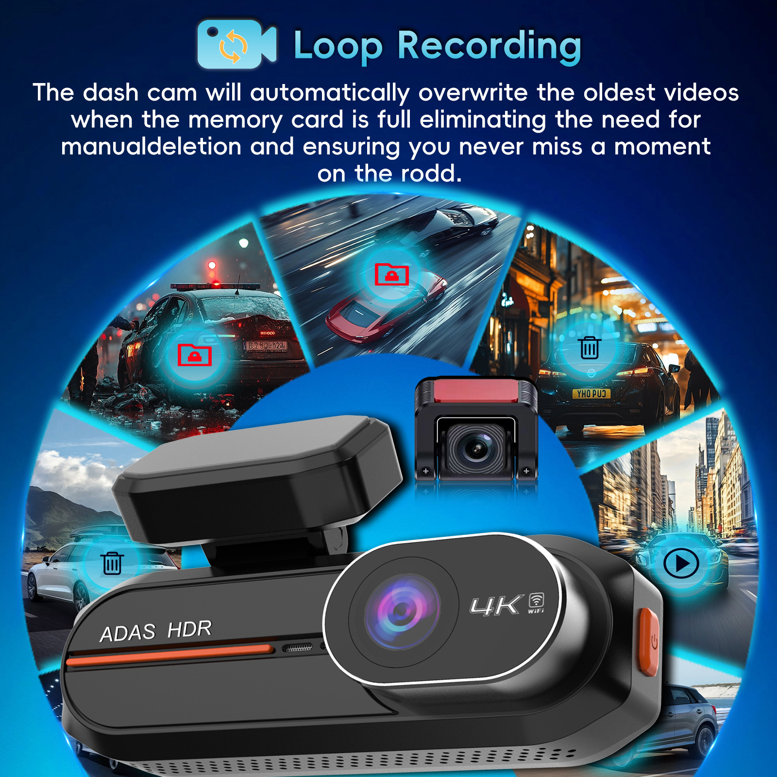 4K+Adas Dual Recording Front and Rear, High-Definition Night Vision, Supports Time-Lapse Recording, Gps Track Tracking, Driving Recorder