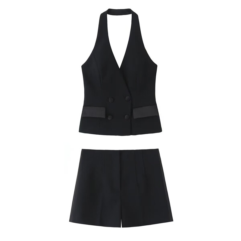 Aliexpress Wholesale Autumn New Style Halter Neck Tuxedo Vest Suit Casual Shorts Set for Women 9318597