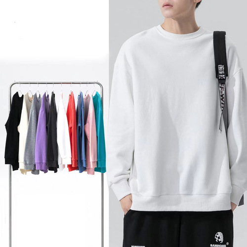 Men's thin round neck pullover hoodie, pure color, spring and autumn season, pure color trend, loose and versatile casual outerwear