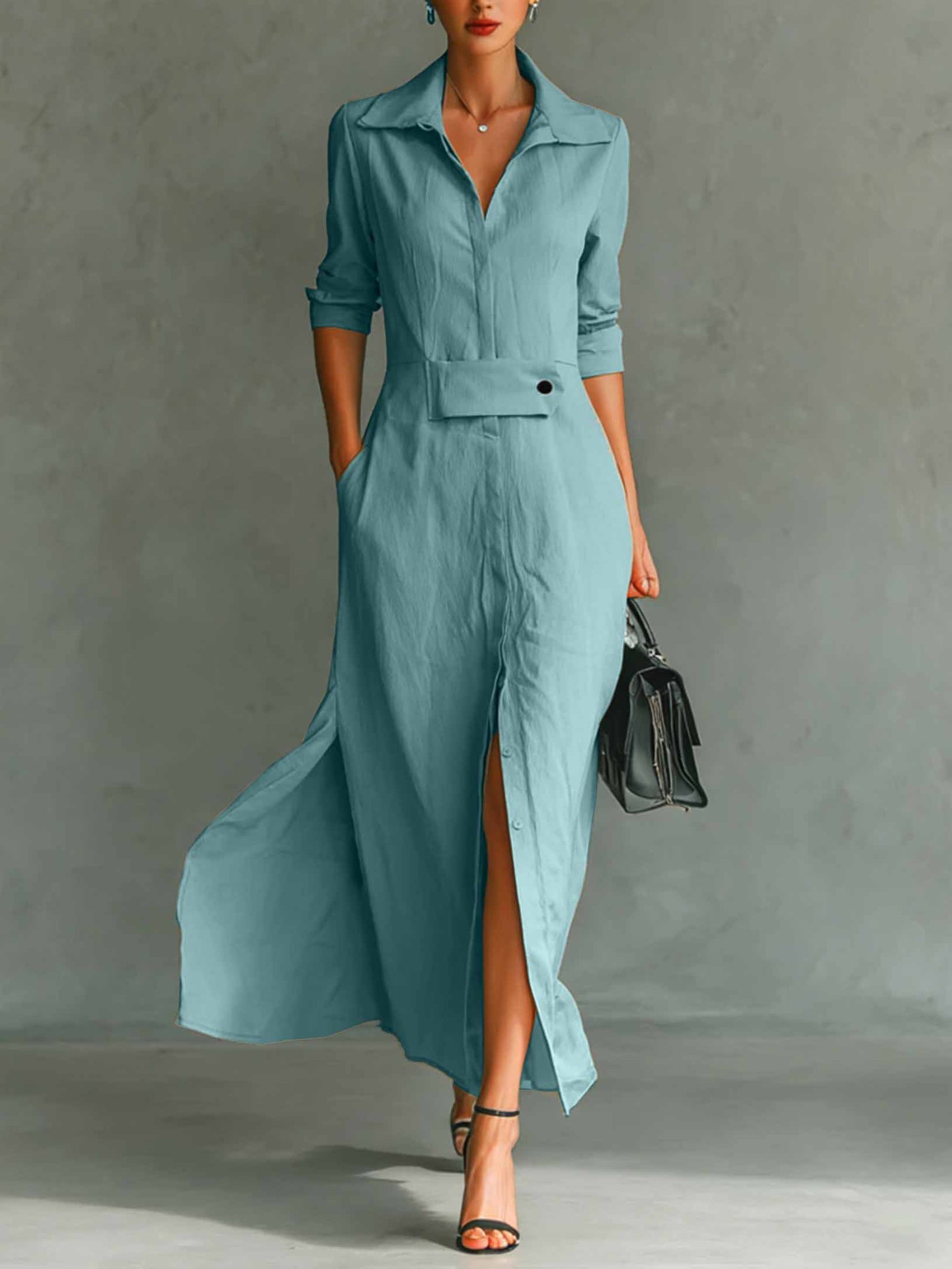 2026 European And American Cross-border Independent Station Long-sleeved Casual Elegant Slit Shirt Dress_ecoleips.com