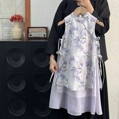 新しい中国風のドレス女の子のための夏の新しい子供のバイオレット花柄チャイナドレス古典的な改良版のベストドレス