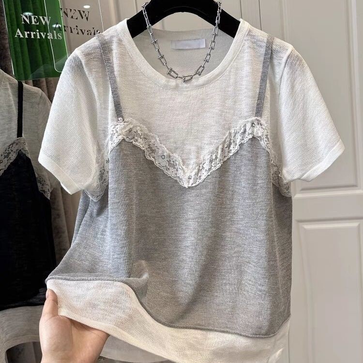 Plus Size 100kg Color-Blocked Faux Two-Piece Lace Patchwork Short-Sleeve Shirt for Women, Loose Fit, Slightly Sheer, Summer Thin Style Plus Size 100kg Color-Blocked Faux Two-Piece Lace Patchwork Short-Sleeve Shirt for Women, Loose Fit, Slightly Sheer, Summer Thin Style