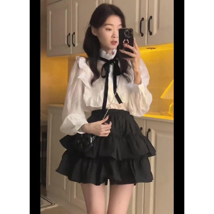 法式纯欲宫廷风上衣蛋糕裙套装蝴蝶结衬衫长袖百搭裤裙甜美两件套|undefined