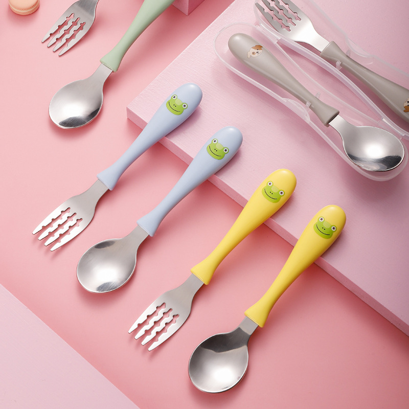 Wholesale 304 Baby Feeding Spoon and Fork Set, Stainless Steel Children's Tableware Set with Storage Box, Spoon for Feeding