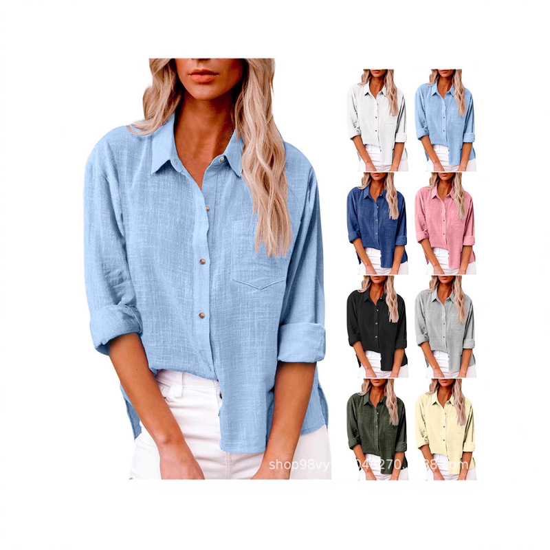 Amazon Aliexpress 2025 Popular Autumn Pocket Solid Color Long-Sleeve Shirt Women's Blouse with Button-Down Collar for Export