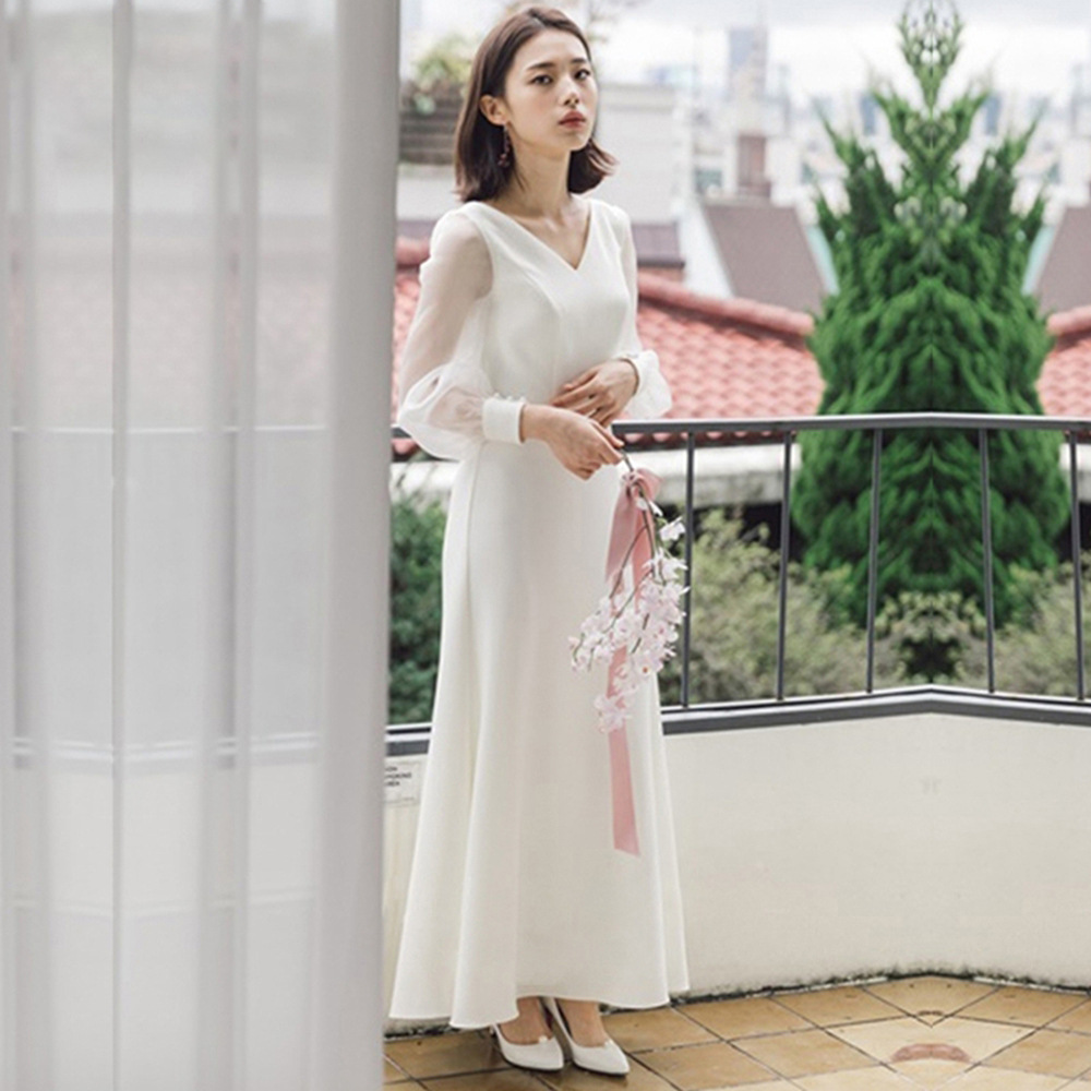 French Light Wedding Dress Simple 2024 New V-Neck Long-Sleeved Banquet Elegant Evening Dress Engagement Certificate Dress