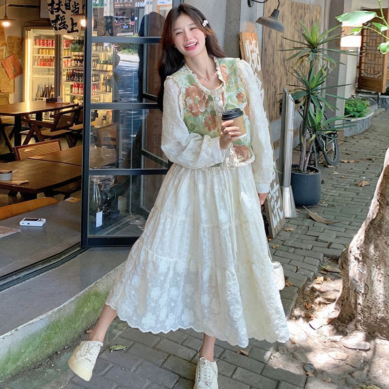 提花马甲刺绣连衣裙两件套2025春秋新款甜美减龄法式仙女套装裙子|undefined