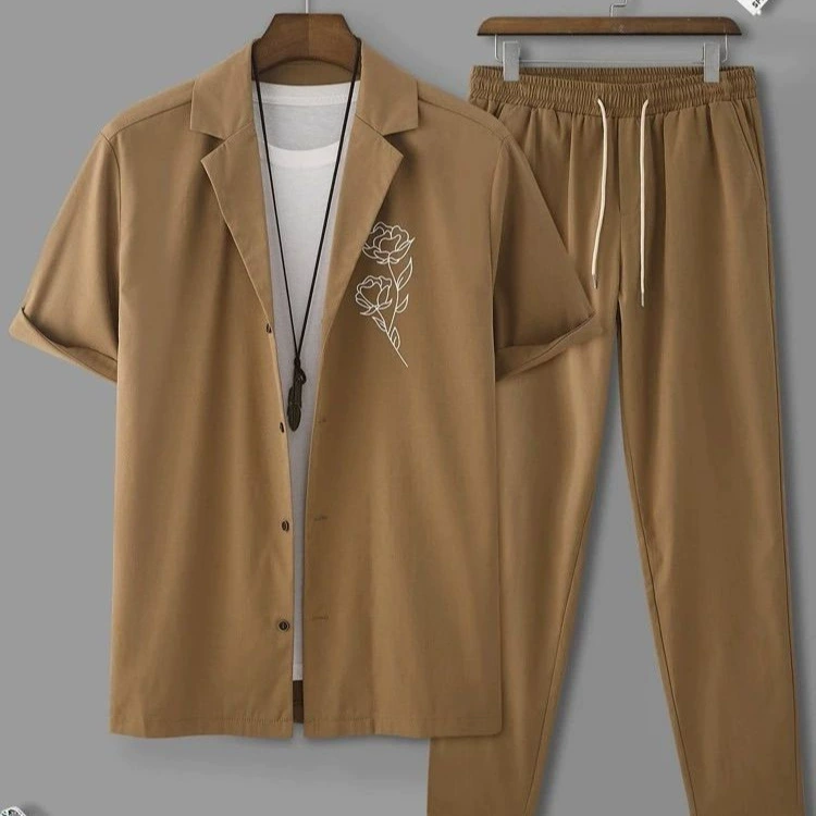 Европейская и американская внешняя торговля 2025 новый мужской повседневный тренд принт дикая мужская рубашка с короткими рукавами брючный набор