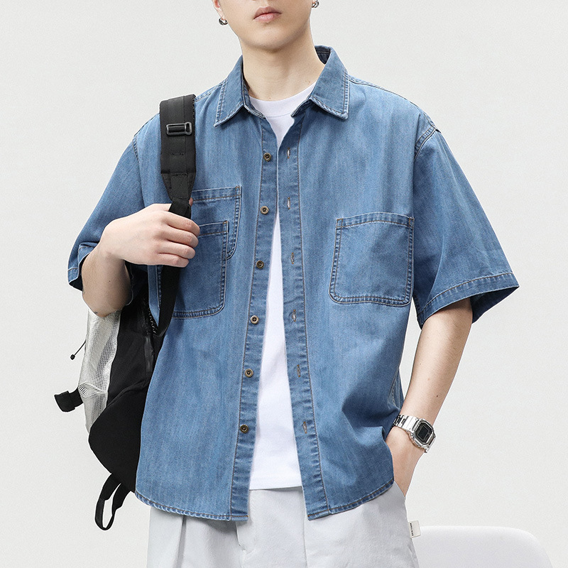 Workwear Denim short-sleeved shirt men's high-end sense wear handsome 2025 summer new loose American coat men Workwear Denim short-sleeved shirt men's high-end sense wear handsome 2025 summer new loose American coat men